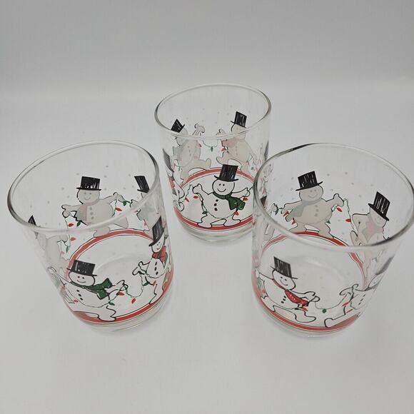 3 VTG Libbey Dancing Snowman Lowball Glasses. EUC Free Shipping - Picture 2 of 4